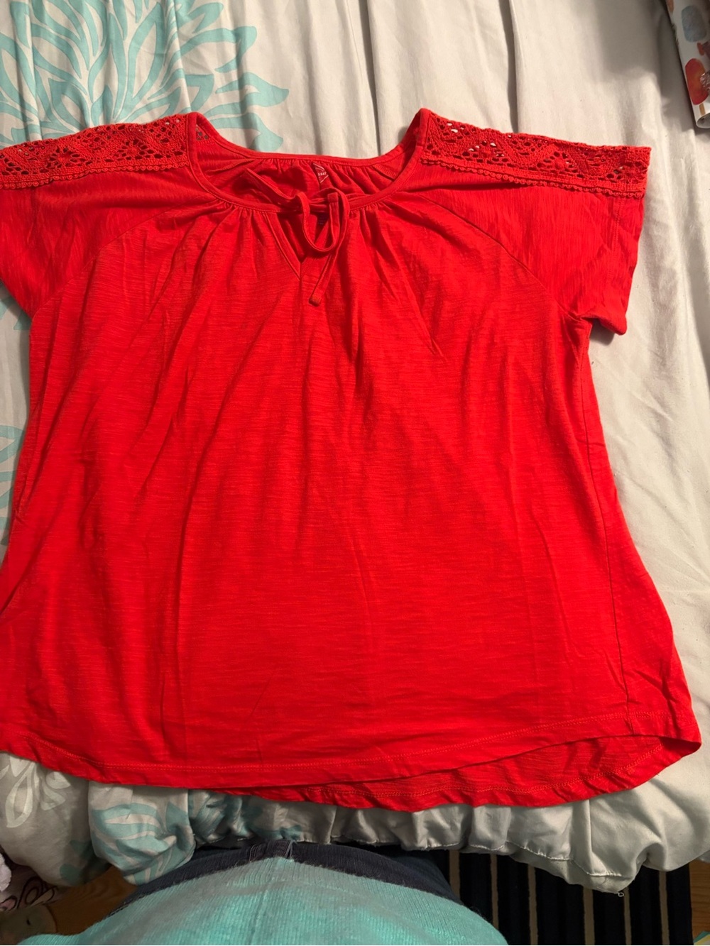 St. John's Bay Bright Red Crochet-Yoke Short Sleeve Tee